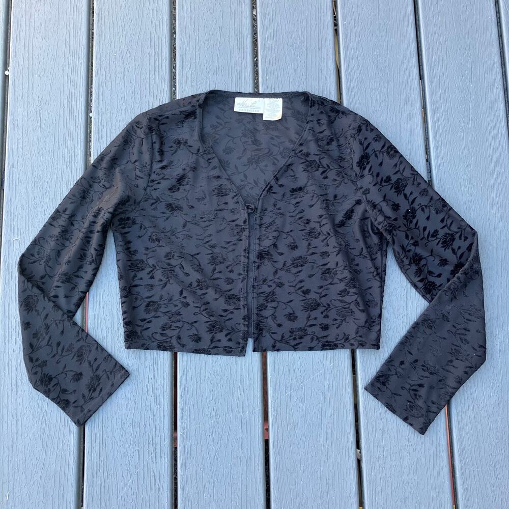 Vintage 90s Y2K black cropped cardigan with flocked floral design, whimsigoth